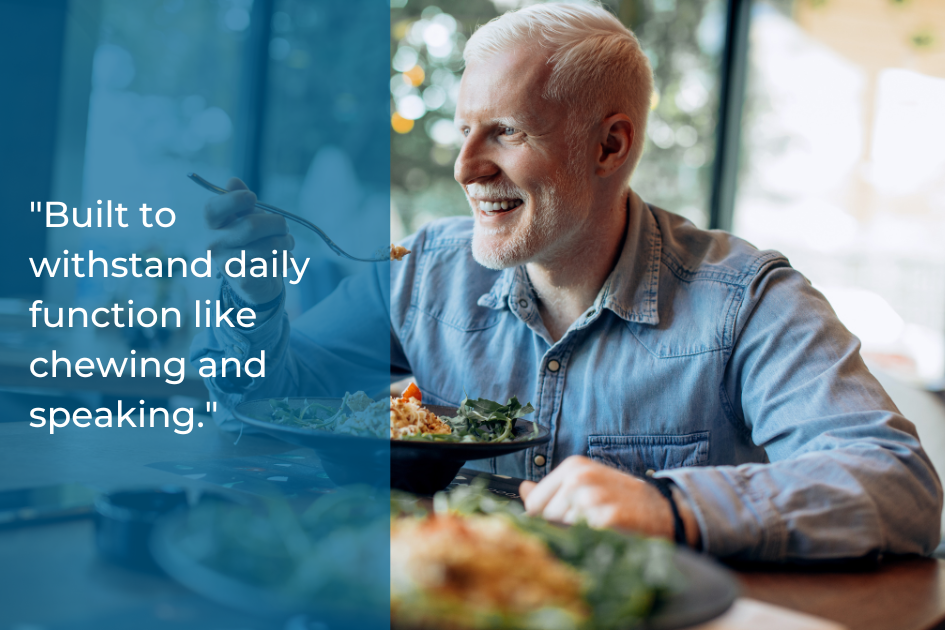 Older man with white hair enjoying salad at a Conroe restaurant, smiling, with a quote about durability and Same Day Porcelain Crowns overlaid on the image.