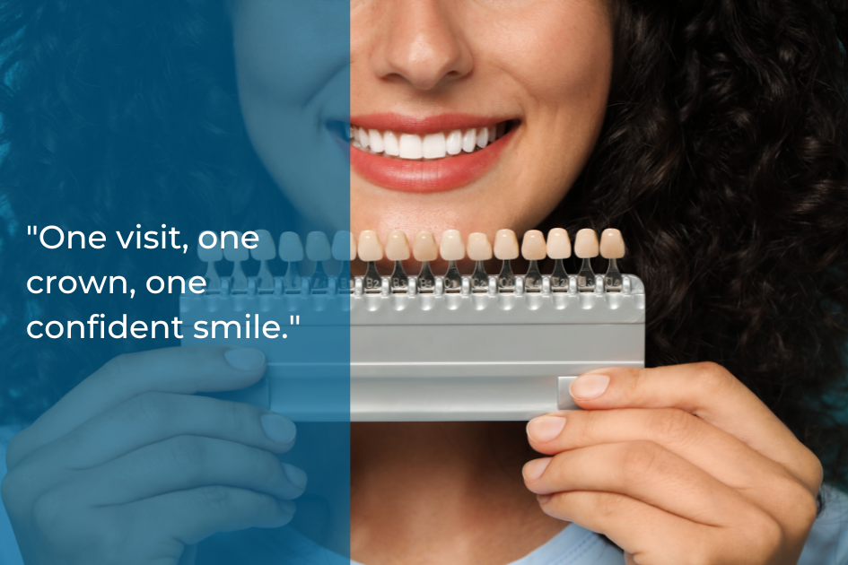 A person smiles while holding a dental shade guide; text reads, "One visit, same day crowns in Conroe for one confident smile.”.