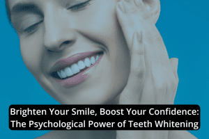 A person smiles with closed eyes and touches their cheek, displaying bright white teeth against a blue background. Text overlay discusses how teeth whitening can brighten your smile and boost your confidence.