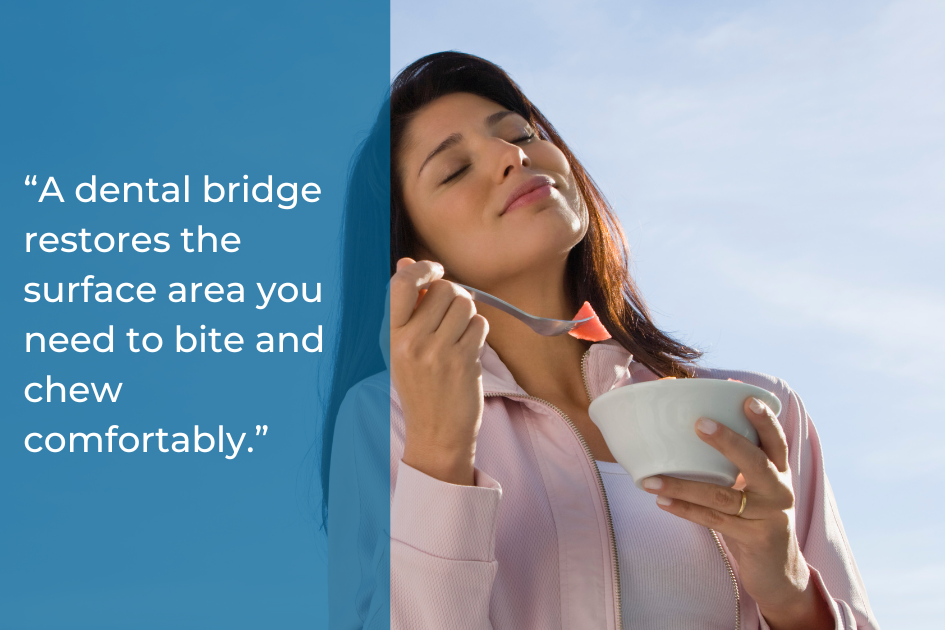 Woman with long hair enjoys eating from a bowl with a spoon, next to text about how dental bridge signs may indicate you need a dental bridge to improve bite and chewing comfort.