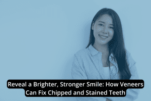 Smiling woman stands against a plain wall, with text highlighting how veneers can restore confidence by fixing chipped teeth and covering stained teeth.