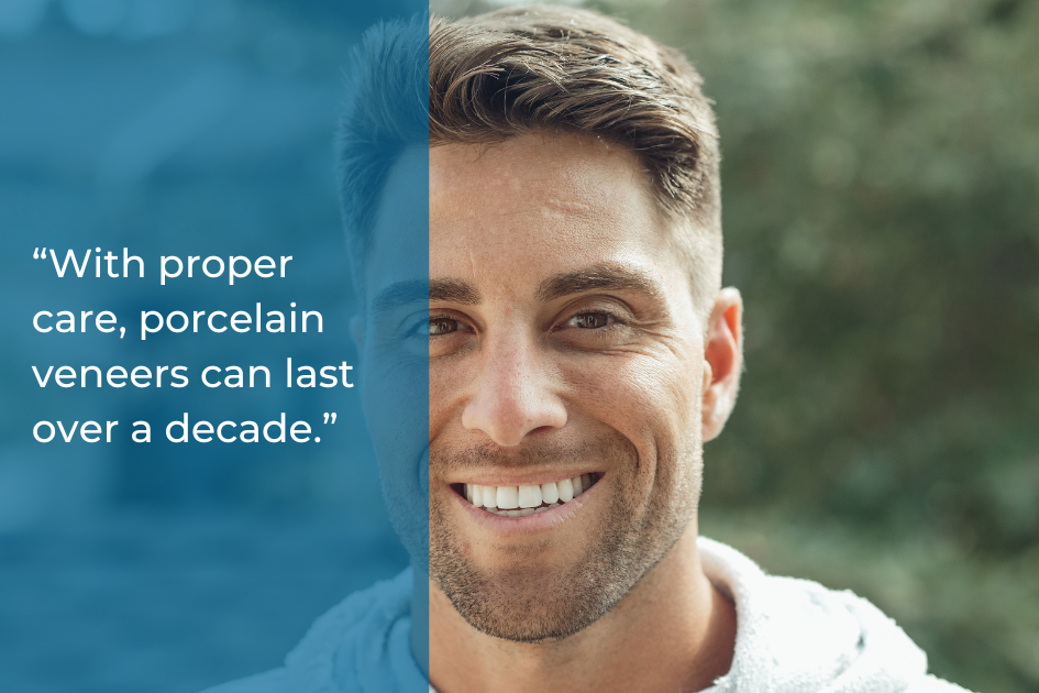 Smiling man with bright teeth stands outdoors; text overlay reads, "With proper care, veneers can transform chipped teeth and last over a decade.”.