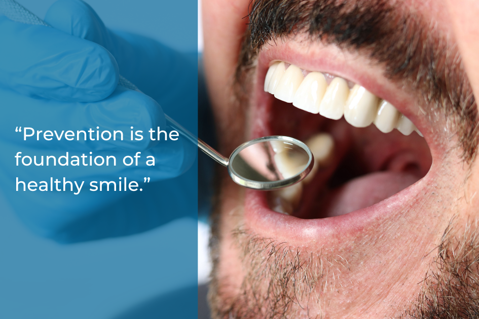 A dentist examines a man’s open mouth with a dental mirror; text reads, “Dental cleanings are the foundation of a healthy smile. Protect your smile in Conroe TX.”.