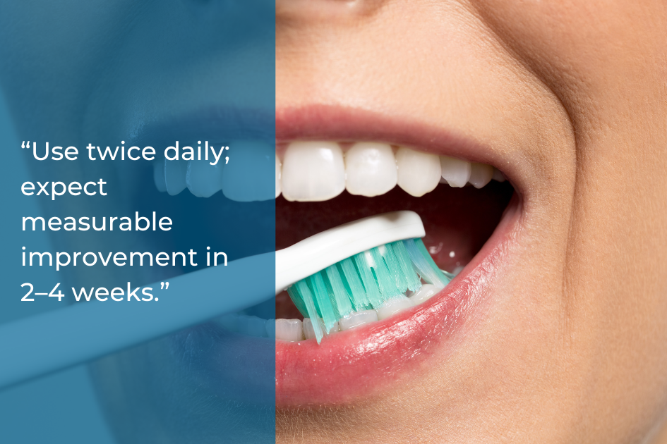 Close-up of a person with sensitive teeth brushing at home with a blue and white toothbrush; text overlay gives instructions and expected results to help soothe discomfort.