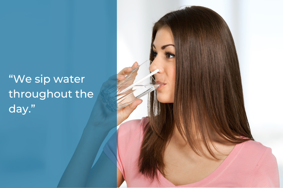 A woman in a pink shirt drinks a glass of water, with the text "We sip water throughout the day" displayed on a blue background beside her—a simple step for effective teeth whitening aftercare.
