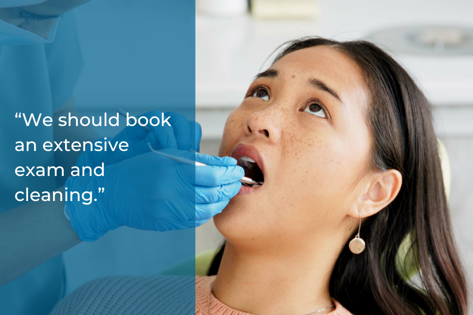 A dentist wearing blue gloves examines a woman's open mouth, with a quote about booking an exam and cleaning for better oral health displayed on the left.